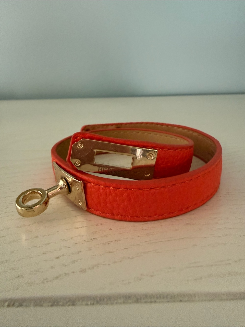 π H Orange βKellyβ Double Tour Wrap Around Leather Bracelet with Gold Hardware π§‘ - Picture 4 of 6